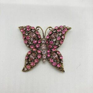 Vintage Butterfly Brooch Pink Clear Rhinestones Antiqued Gold Tone‎ Rope Pronged